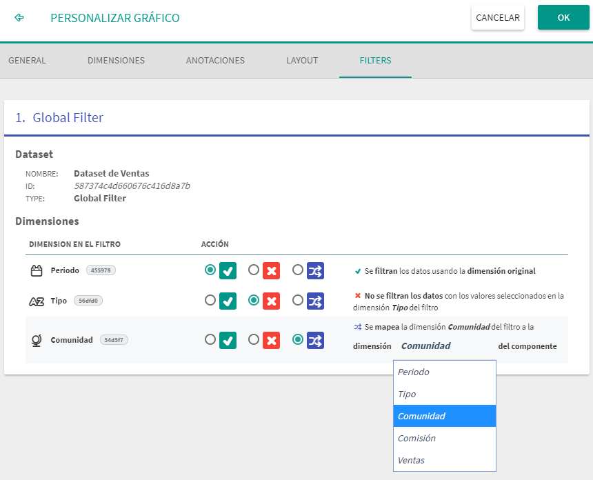 Diálogo de personalización de la respuesta a los filtros
